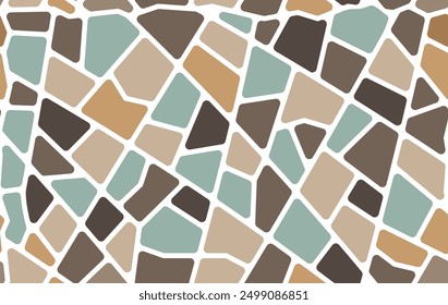 Mosaic stone tile seamless pattern or paving floor background, vector terrazzo. Brown and turquoise pastel ceramic fragments or broken tiles pattern with geometric white grout for pavement background