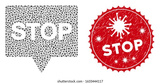 Mosaic stop banner icon and red rounded rubber stamp seal with Stop caption and coronavirus symbol. Mosaic vector is created with stop banner icon and with scattered oval elements.