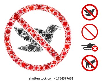 Mosaic stop birds organized from flu virus icons in variable sizes and color hues. Vector viral icons are organized into abstract composition stop birds icon. Some bonus icons are added.