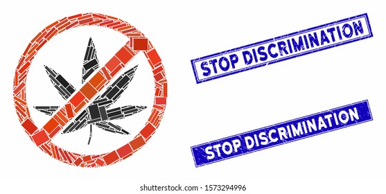 Mosaic stop cannabis pictogram and rectangle Stop Discrimination seal stamps. Flat vector stop cannabis mosaic pictogram of randomized rotated rectangle items.