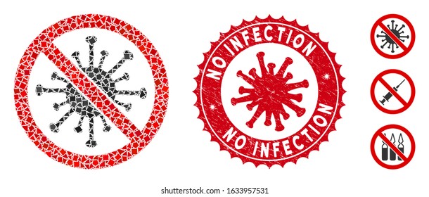Mosaic stop coronavirus icon and red round rubber stamp seal with No Infection caption and coronavirus symbol. Mosaic vector is formed with stop coronavirus icon and with random ragged parts.
