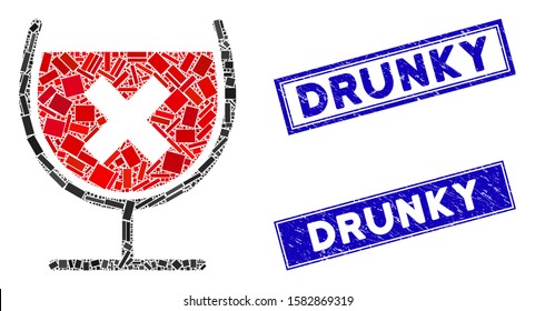 Mosaic stop drink wine icon and rectangular Drunky stamps. Flat vector stop drink wine mosaic icon of scattered rotated rectangular elements. Blue Drunky seal stamps with scratched surface.