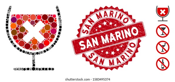 Mosaic stop drink wine icon and grunge stamp seal with San Marino phrase. Mosaic vector is created with stop drink wine pictogram and with scattered spheric elements.