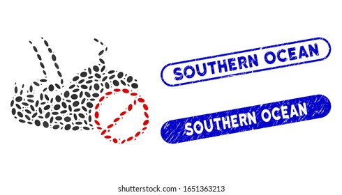 Mosaic stop flea and grunge stamp seals with Southern Ocean phrase. Mosaic vector stop flea is designed with random elliptic spots. Southern Ocean seals use blue color,