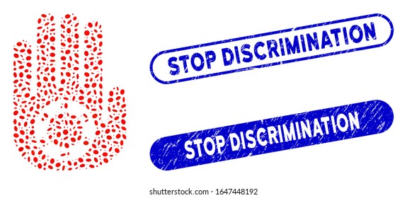 Mosaic stop gambling palm and corroded stamp watermarks with Stop Discrimination phrase. Mosaic vector stop gambling palm is formed with randomized oval elements.