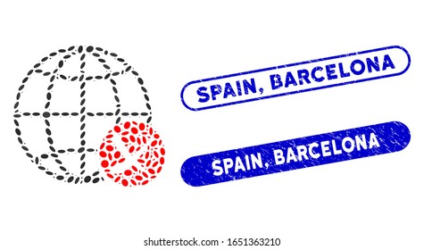 Mosaic stop global web and distressed stamp seals with Spain, Barcelona caption. Mosaic vector stop global web is created with scattered elliptic dots. Spain, Barcelona stamp seals use blue color,