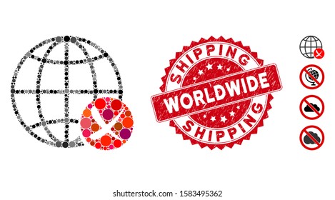 Mosaic stop global web icon and grunge stamp seal with Worldwide Shipping phrase. Mosaic vector is formed with stop global web pictogram and with random spheric items.