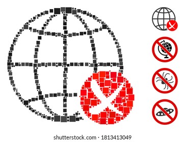 Mosaic Stop global web icon constructed from square items in random sizes and color hues. Vector square items are united into abstract mosaic stop global web icon. Bonus pictograms are added.