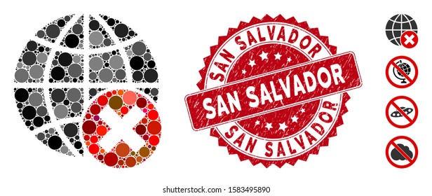 Mosaic stop globalization icon and grunge stamp seal with San Salvador text. Mosaic vector is formed with stop globalization icon and with randomized spheric items. San Salvador seal uses red color,