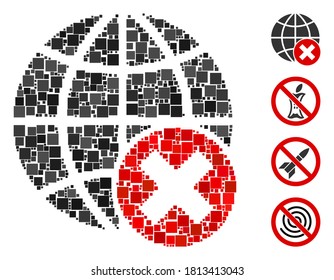 Mosaic Stopp Globalisierung Symbol aus quadratischen Elementen in zufälligen Größen und Farbtönen organisiert. Vektorquadratische Elemente sind in abstraktes Mosaik Stopp Globalisation Symbol organisiert.