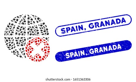 Mosaic stop globalization and rubber stamp seals with Spain, Granada text. Mosaic vector stop globalization is formed with random oval items. Spain, Granada stamp seals use blue color,