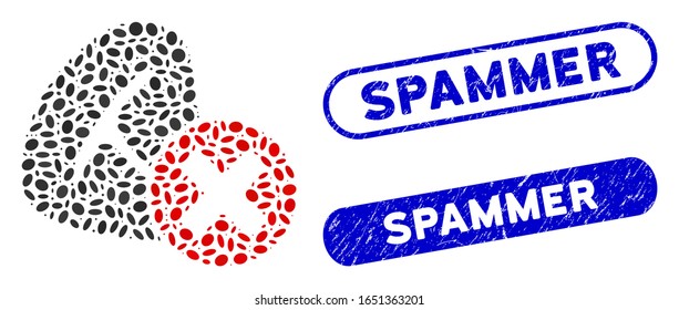 Mosaic stop meat eating and rubber stamp watermarks with Spammer phrase. Mosaic vector stop meat eating is created with scattered elliptic dots. Spammer stamp seals use blue color,