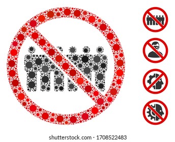 Mosaik stoppen Menschen Linie aus Grippevirus-Symbole in zufälligen Größen und Farbtönen. Vektorillustration Infektionssymbole werden in abstrakte Komposition stoppen Menschen Linie Symbol vereint. Einige Bonussymbole werden hinzugefügt.