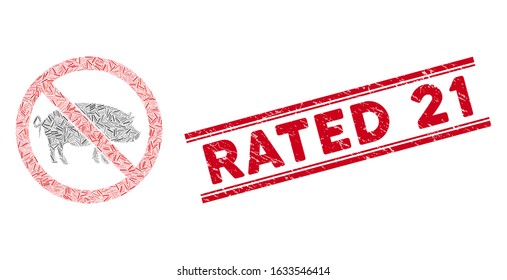 Mosaic stop pig icon and red Rated 21 seal stamp between double parallel lines. Flat vector stop pig mosaic icon of randomized rotated line items. Red Rated 21 seal with grunged surface.