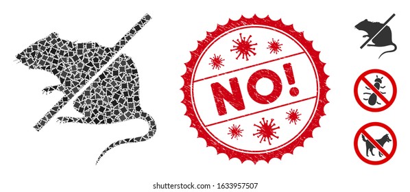 Mosaic stop rats icon and red round grunge stamp seal with No! text and coronavirus symbol. Mosaic vector is designed with stop rats icon and with randomtuberous items. No! stamp seal uses red color,
