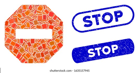Mosaic stop sign and corroded stamp seals with Stop text. Mosaic vector stop sign is formed with randomized rectangle items. Stop stamp seals use blue color, and have round rectangle shape.