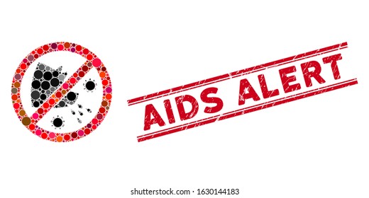 Mosaic stop swine flu icon and rubber stamp seal with AIDS Alert phrase between double parallel lines. Mosaic vector is composed from stop swine flu icon and with random round spots.