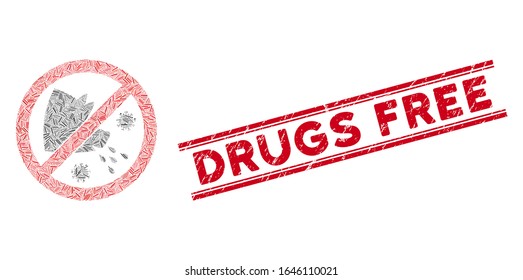 Mosaic stop swine flu icon and red Drugs Free stamp between double parallel lines. Flat vector stop swine flu mosaic icon of scattered rotated linear elements.