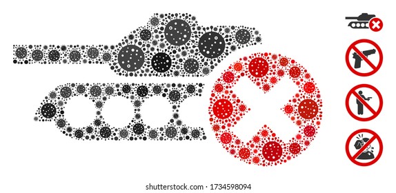 Tanques de parada de mosaico compuestos por elementos de coronavirus de varios tamaños y tonos de color. Los iconos de patógenos vectores se componen en un icono de tanques de detención de ilustración abstracta. Se añaden algunos iconos adicionales.