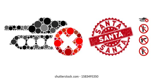 Mosaic stop tanks icon and grunge stamp seal with Santa text. Mosaic vector is formed with stop tanks pictogram and with scattered spheric spots. Santa stamp seal uses red color, and grunged design.