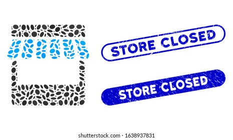Mosaic store and corroded stamp watermarks with Store Closed caption. Mosaic vector store is composed with scattered oval pieces. Store Closed stamp seals use blue color,