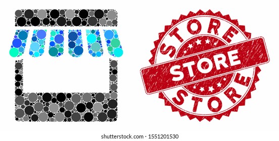 Mosaic store and distressed stamp watermark with Store text. Mosaic vector is designed with store icon and with randomized circle items. Store stamp uses red color, and distress design.
