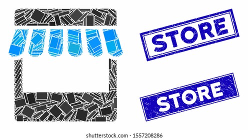 Mosaic store icon and rectangle seals. Flat vector store mosaic pictogram of scattered rotated rectangle elements. Blue caption rubber seals with distress surface.