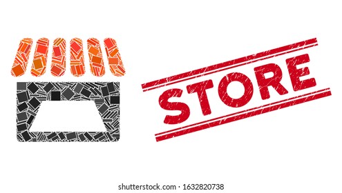 Mosaic store icon and red Store rubber print between double parallel lines. Flat vector store mosaic icon of random rotated rectangle elements. Red Store rubber seal with scratched texture.