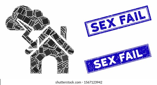 Mosaic storm building pictogram and rectangle watermarks. Flat vector storm building mosaic pictogram of randomized rotated rectangle elements. Blue caption stamp imprints with grunge textures.