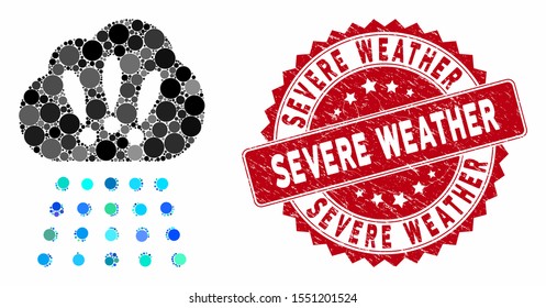 Mosaic storm cloud and corroded stamp seal with Severe Weather phrase. Mosaic vector is created with storm cloud icon and with random circle items. Severe Weather stamp seal uses red color,