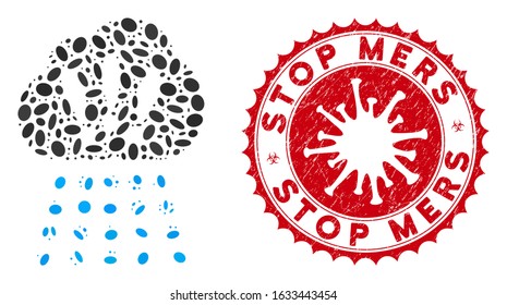 Mosaic storm cloud icon and red round grunge stamp seal with Stop Mers text and coronavirus symbol. Mosaic vector is designed with storm cloud icon and with scattered ellipse spots.