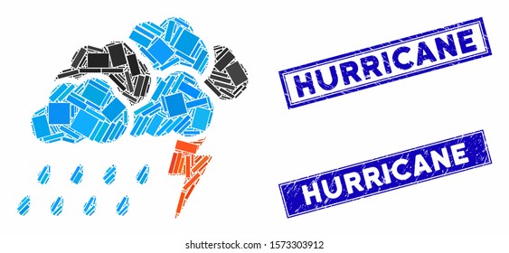 Mosaic storm pictogram and rectangular Hurricane seals. Flat vector storm mosaic pictogram of scattered rotated rectangular items. Blue Hurricane rubber seals with rubber surface.
