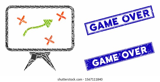 Mosaic strategy board pictogram and rectangle seal stamps. Flat vector strategy board mosaic pictogram of scattered rotated rectangular elements. Blue caption seal stamps with dirty texture.