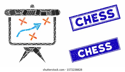 Mosaic strategy pictogram and rectangle Chess watermarks. Flat vector strategy mosaic pictogram of scattered rotated rectangle elements. Blue Chess watermarks with grunge texture.