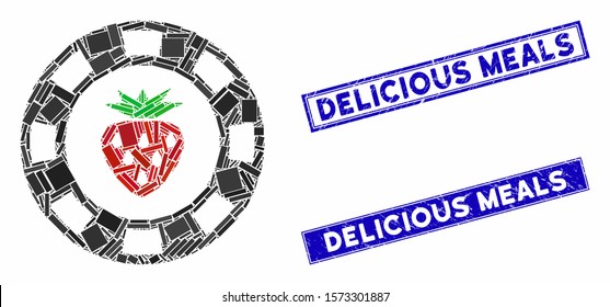 Mosaic strawberry casino chip pictogram and rectangular Delicious Meals seal stamps. Flat vector strawberry casino chip mosaic icon of random rotated rectangular elements.