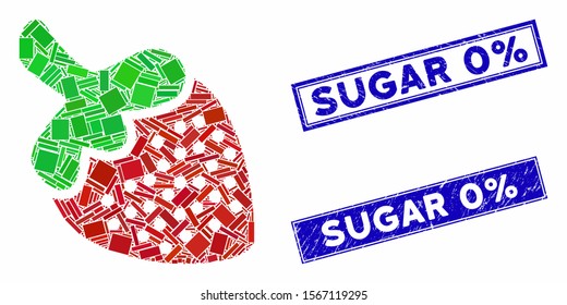 Mosaic strawberry icon and rectangular stamps. Flat vector strawberry mosaic icon of scattered rotated rectangle items. Blue caption stamps with grunge texture.