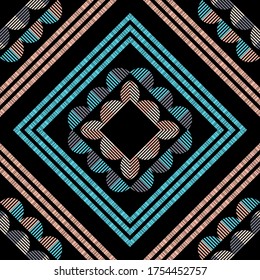 Mosaic of striped figures. Seamless pattern. Geometry. Design with manual hatching. Textile. Ethnic boho ornament. Vector illustration for web design or print.