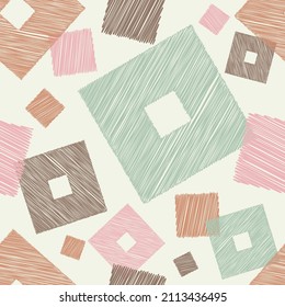 A mosaic of striped geometric figures. Ethnic boho ornament. Seamless pattern. Design with manual hatching. Textile. Vector illustration for web design or print.