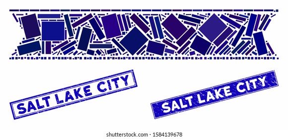 Mosaic striped ribbon pictogram and rectangular Salt Lake City seals. Flat vector striped ribbon mosaic pictogram of scattered rotated rectangular items.