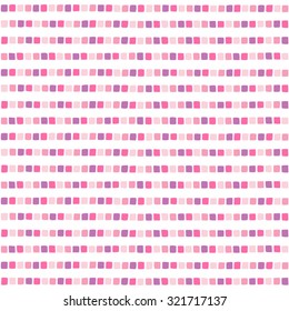 Mosaic stripes vector seamless pattern. Shades of pink, violet and lilac strips made of hand drawn tiny square pieces. Abstract striped geometrical background.
