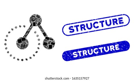 Mosaic structure analysis and distressed stamp seals with Structure caption. Mosaic vector structure analysis is composed with randomized rectangles. Structure stamp seals use blue color,