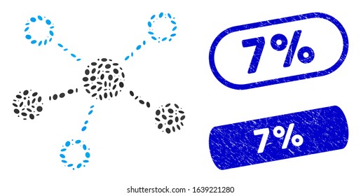 Mosaic structure and rubber stamp watermarks with 7% text. Mosaic vector structure is created with scattered ellipse pieces. 7% stamp seals use blue color, and have round rectangle shape.