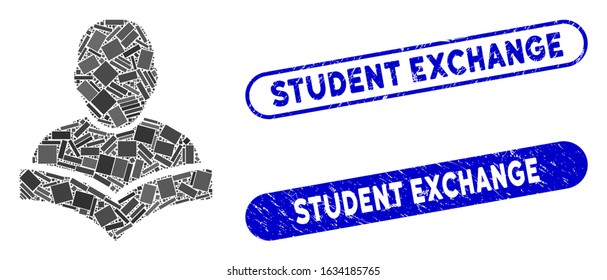 Mosaic student and corroded stamp watermarks with Student Exchange text. Mosaic vector student is created with random rectangle items. Student Exchange stamp seals use blue color,