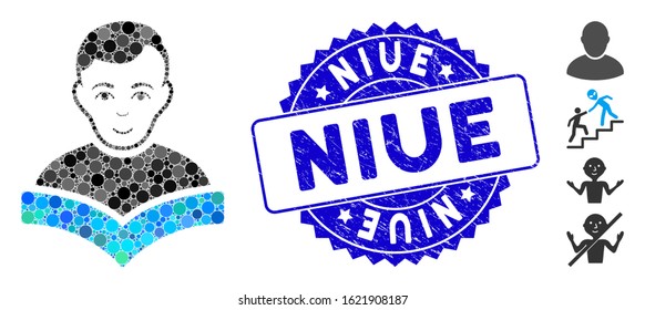 Mosaic student icon and distressed stamp watermark with Niue text. Mosaic vector is created with student icon and with randomized spheric elements. Niue stamp seal uses blue color,