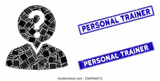 Mosaic student icon and rectangle stamps. Flat vector student mosaic icon of randomized rotated rectangle elements. Blue caption seal stamps with rubber textures.