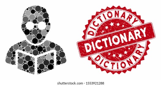 Mosaic student read book and rubber stamp watermark with Dictionary text. Mosaic vector is designed with student read book icon and with random round items. Dictionary seal uses red color,
