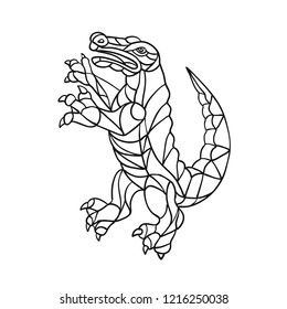 Mosaic style illustration of an alligator, gator, croc or crocodile prancing standing upright viewed from side on isolated background in Black and White.