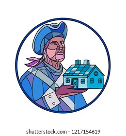 Mosaic style illustration of an American patriot holding up a residential house or home set inside circle on isolated background in color.