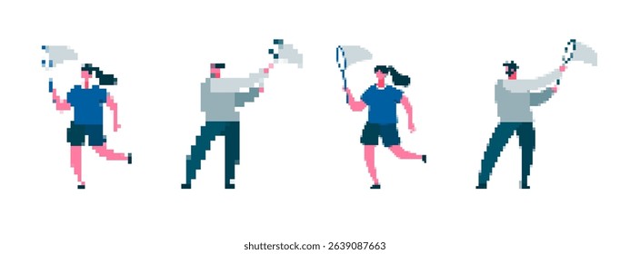 Mosaic style pixel art characters with nets. they display dynamic poses in a retro sprites design.