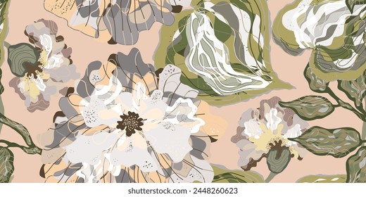 Mosaic stylized blooming flowers and leaves in Japanese style vector seamless pattern spring motifs ornament. Light and airy, feminine delicate pattern